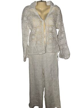 100% cotton white Crochet Two Piece Set Button Front Top & Wide Leg Pants